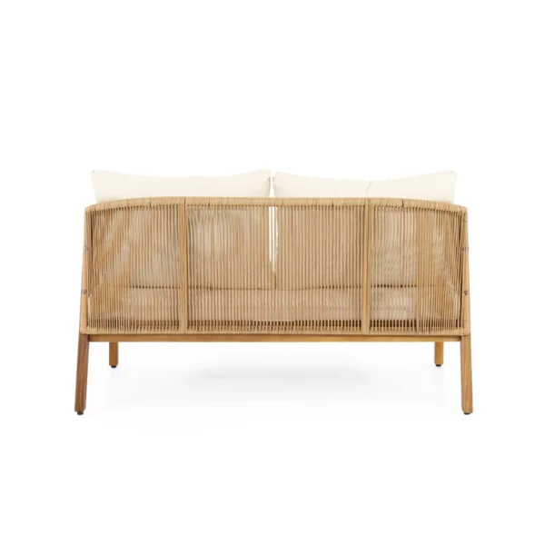 Outdoor mango wood and wicker lounge set with chairs, loveseat, table, and cushions Aesthetic craft