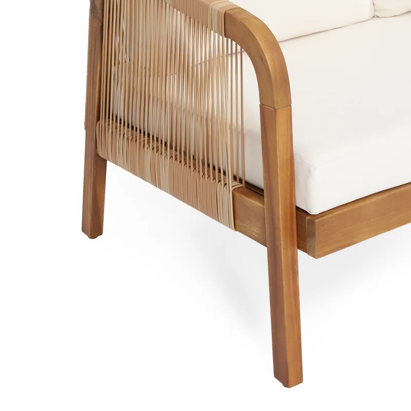 Outdoor mango wood and wicker lounge set with chairs, loveseat, table, and cushions Aesthetic craft