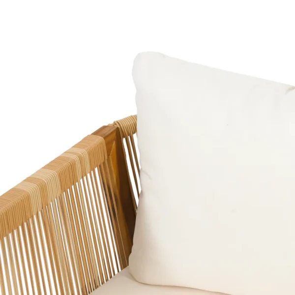 Outdoor mango wood and wicker lounge set with chairs, loveseat, table, and cushions Aesthetic craft