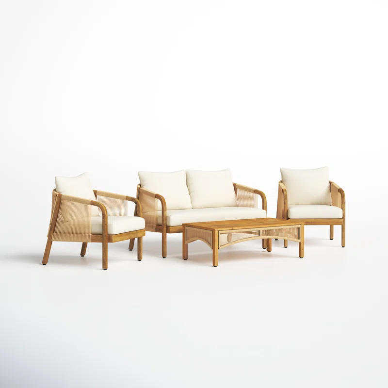 Outdoor mango wood and wicker lounge set with chairs, loveseat, table, and cushions Aesthetic craft