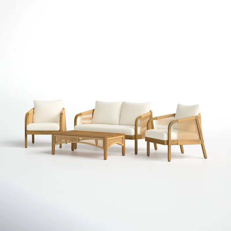 Outdoor mango wood and wicker lounge set with chairs, loveseat, table, and cushions Aesthetic craft