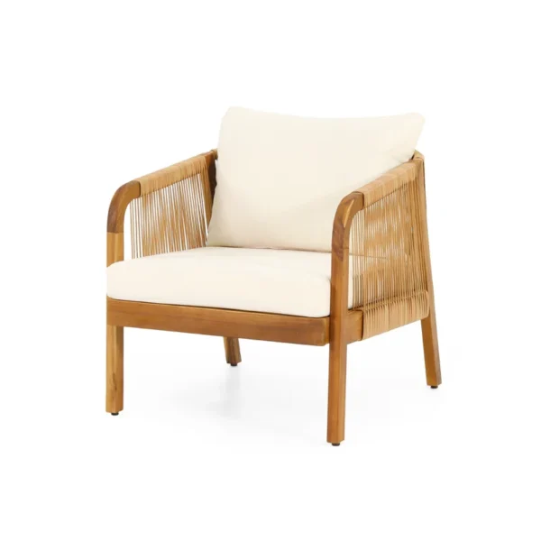Outdoor mango wood and wicker lounge set with chairs, loveseat, table, and cushions Aesthetic craft