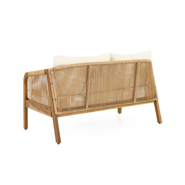 Outdoor mango wood and wicker lounge set with chairs, loveseat, table, and cushions Aesthetic craft