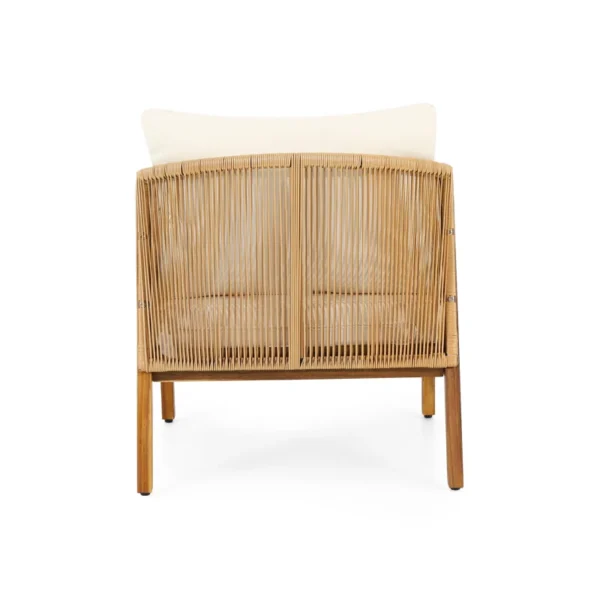 Outdoor mango wood and wicker lounge set with chairs, loveseat, table, and cushions Aesthetic craft