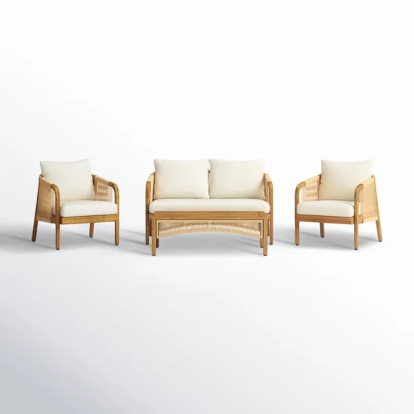 Outdoor mango wood and wicker lounge set with chairs, loveseat, table, and cushions Aesthetic craft