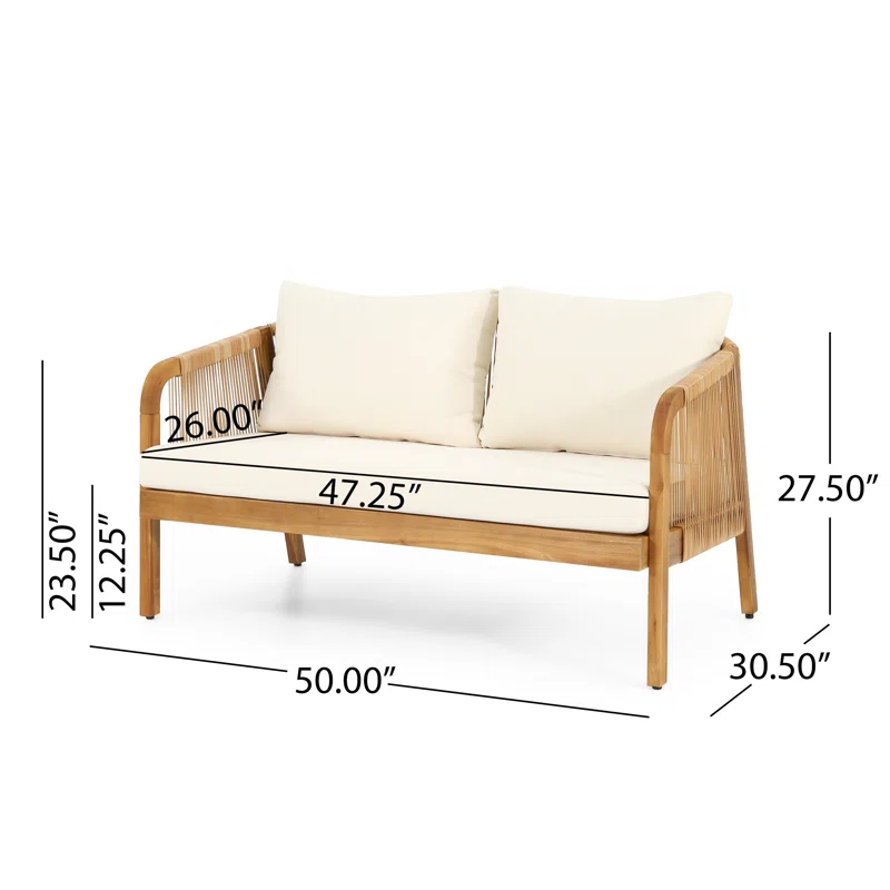 Outdoor mango wood and wicker lounge set with chairs, loveseat, table, and cushions Aesthetic craft