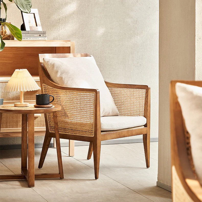 Rattan Lounge Chair with Mango Wood Frame and Cane Backrest Aesthetic craft