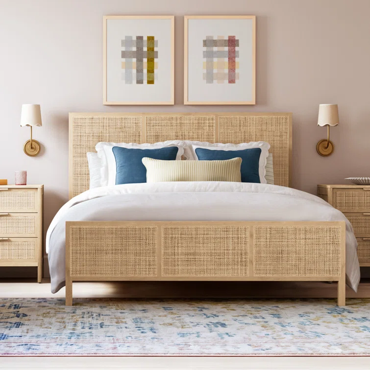 Handcrafted mango wood and cane bed frame in king, queen, and twin sizes Aesthetic craft