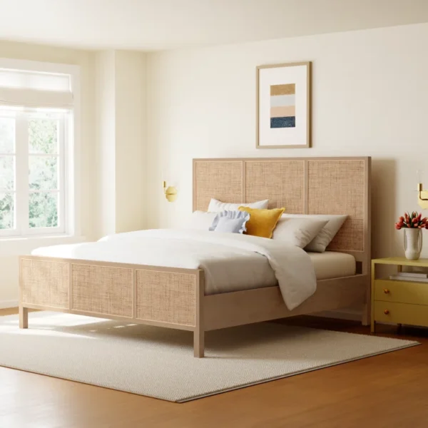 Handcrafted mango wood and cane bed frame in king, queen, and twin sizes Aesthetic craft
