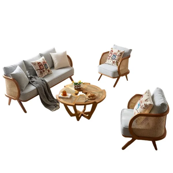 Simple solid wood office sofa set with cane weave and coffee table Aesthetic craft
