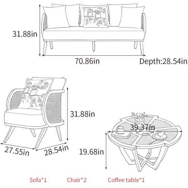 Simple solid wood office sofa set with cane weave and coffee table Aesthetic craft