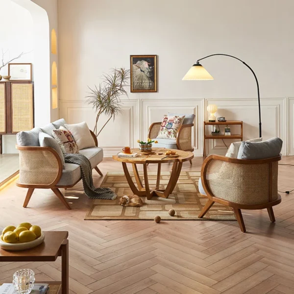 Simple solid wood office sofa set with cane weave and coffee table Aesthetic craft