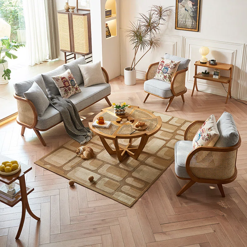 Simple solid wood office sofa set with cane weave and coffee table Aesthetic craft