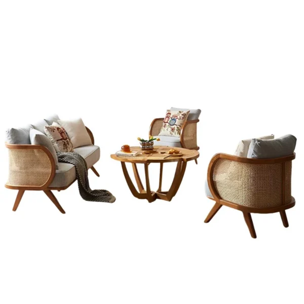 Simple solid wood office sofa set with cane weave and coffee table Aesthetic craft
