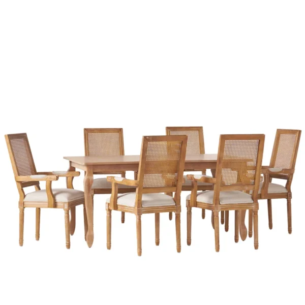 Wood and cane 6-person dining table set with upholstered chairs in light wood finish Aestheticcraft