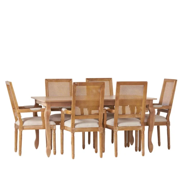 Wood and cane 6-person dining table set with upholstered chairs in light wood finish Aestheticcraft