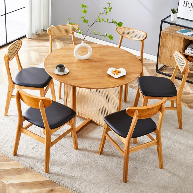 Ancient style mango wood dining set with cane‑leg table and matching chairs Aestheticcraft