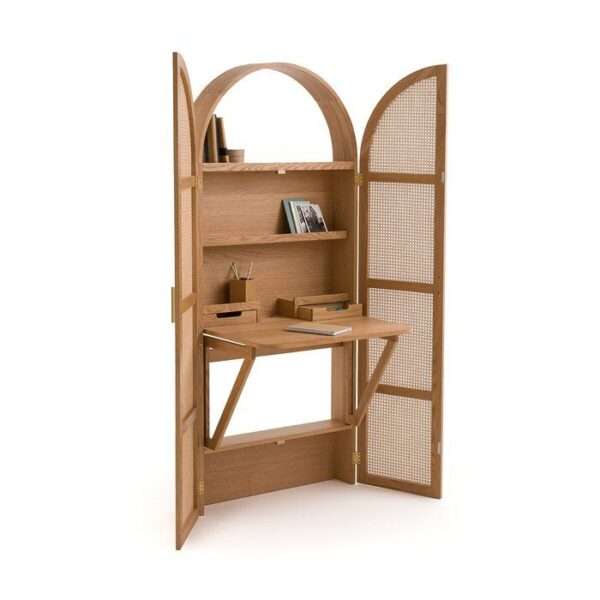 Foldable oak and rattan cabinet desk with brass handles, closed against a wall Aeshtetic craft
