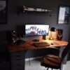 Aesthetic craft Modern gaming desk with dark brown wooden top and black drawer units, dual monitor setup shown.
