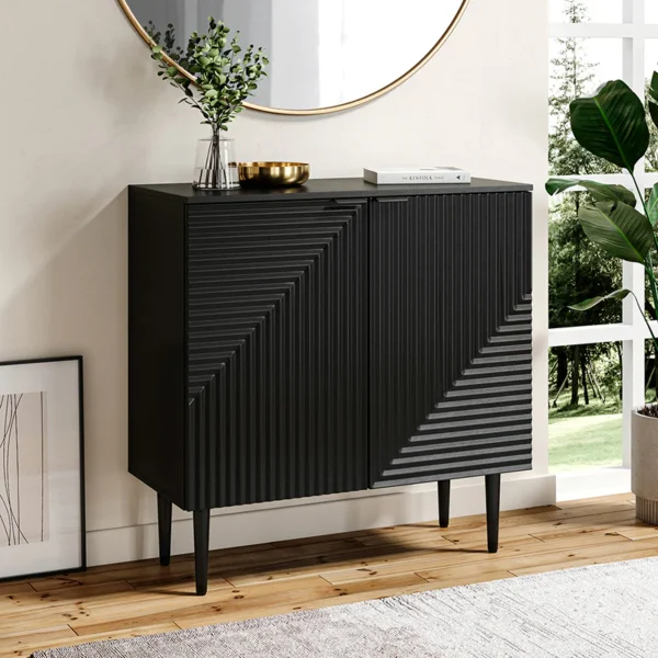 Aesthetic craft Tall 2-door accent cabinet in mango wood and MDF with elevated legs, available in black, grey, and white.