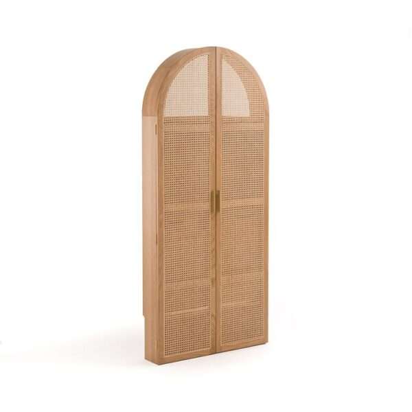 Foldable oak and rattan cabinet desk with brass handles, closed against a wall Aeshtetic craft