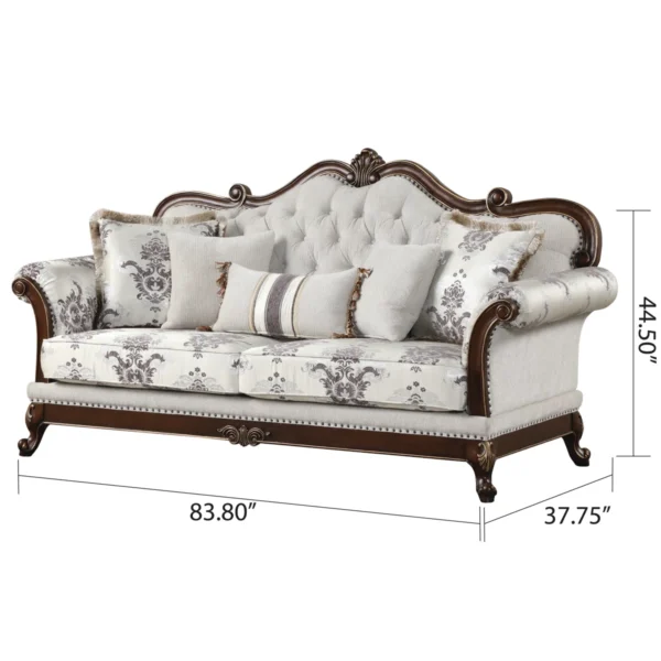Aesthetic craft Luxurious carved 3+2+2 sofa set with wood detailing and decorative cushions.