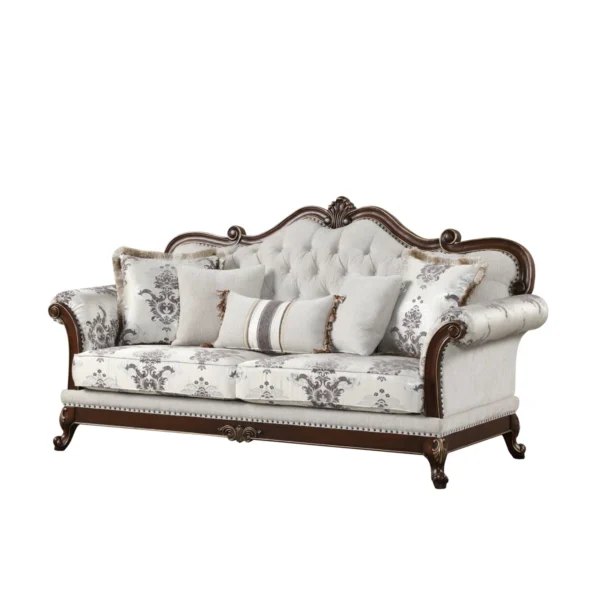 Aesthetic craft Luxurious carved 3+2+2 sofa set with wood detailing and decorative cushions.
