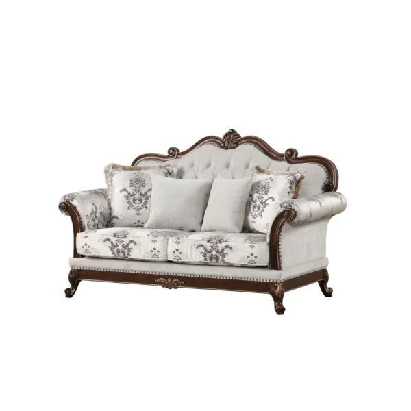 Aesthetic craft Luxurious carved 3+2+2 sofa set with wood detailing and decorative cushions.
