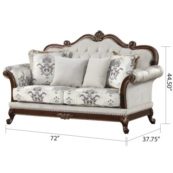 Aesthetic craft Luxurious carved 3+2+2 sofa set with wood detailing and decorative cushions.