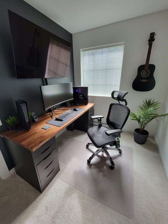 Aesthetic craft Modern gaming desk with dark brown wooden top and black drawer units, dual monitor setup shown.