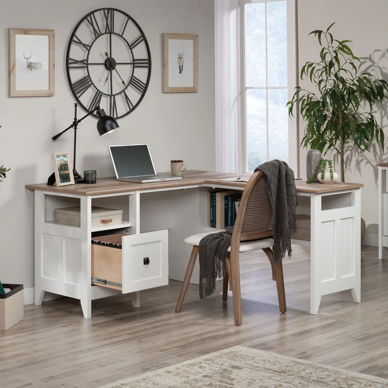 Aesthetic craft L-shaped executive desk with white base, wood top, drawers and shelves for home office use.