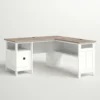 Aesthetic craft L-shaped executive desk with white base, wood top, drawers and shelves for home office use.