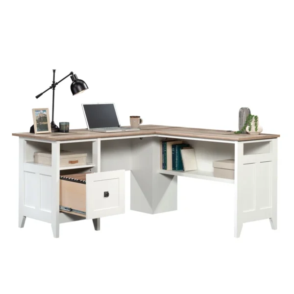 Aesthetic craft L-shaped executive desk with white base, wood top, drawers and shelves for home office use.