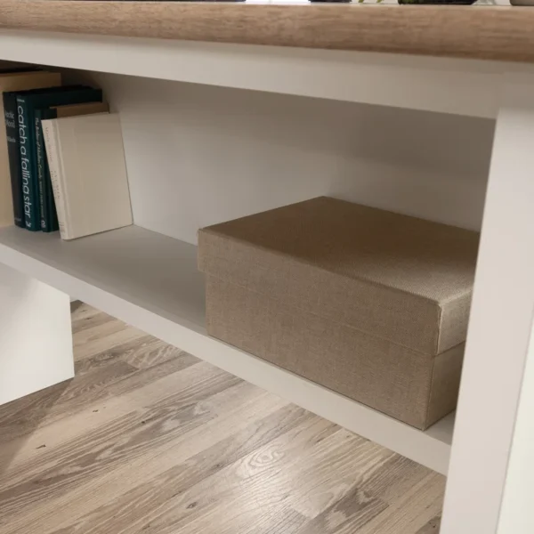 Aesthetic craft L-shaped executive desk with white base, wood top, drawers and shelves for home office use.