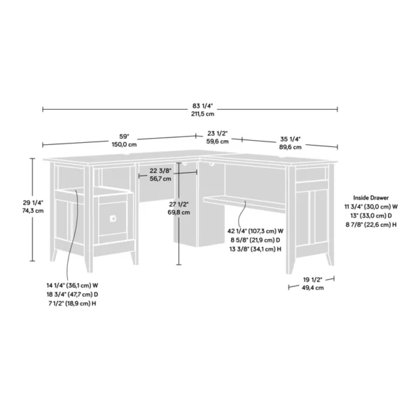 Aesthetic craft L-shaped executive desk with white base, wood top, drawers and shelves for home office use.