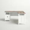 Aesthetic craft L-shaped executive desk with white base, wood top, drawers and shelves for home office use.