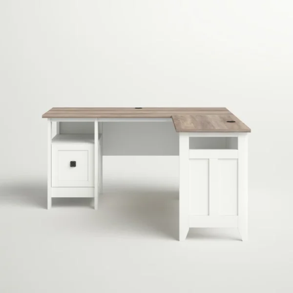 Aesthetic craft L-shaped executive desk with white base, wood top, drawers and shelves for home office use.