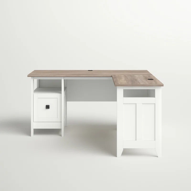 Aesthetic craft L-shaped executive desk with white base, wood top, drawers and shelves for home office use. Aesthetic craft L-shaped executive desk with white base, wood top, drawers and shelves for home office use.
