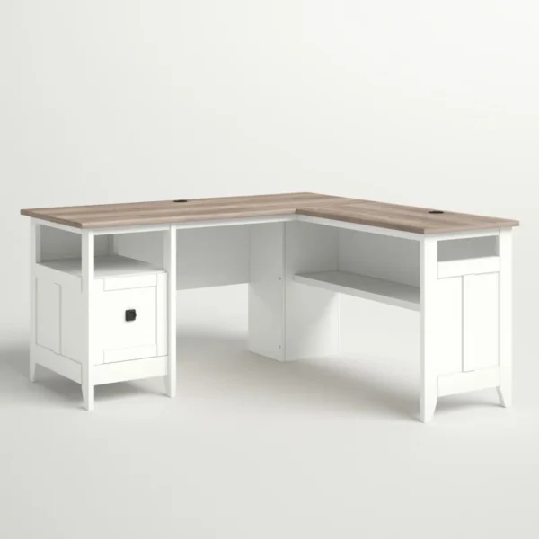 Aesthetic craft L-shaped executive desk with white base, wood top, drawers and shelves for home office use.