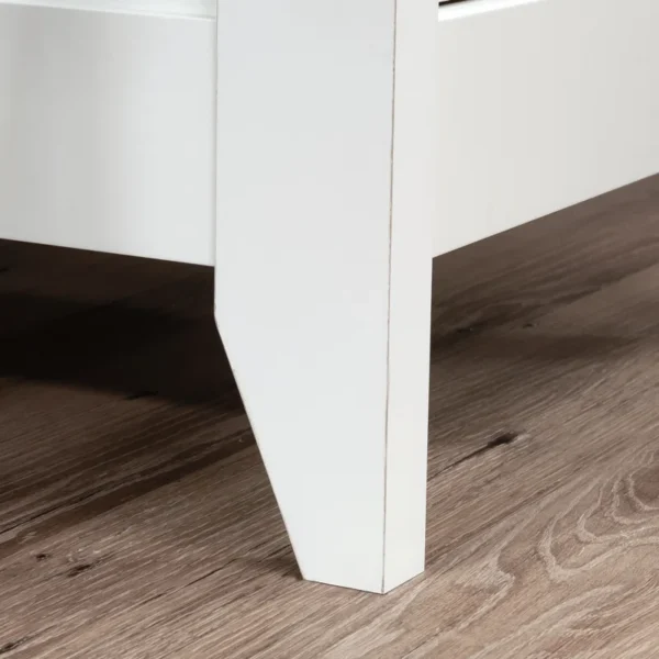 Aesthetic craft L-shaped executive desk with white base, wood top, drawers and shelves for home office use.