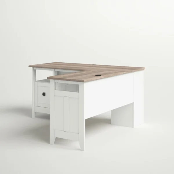 Aesthetic craft L-shaped executive desk with white base, wood top, drawers and shelves for home office use.