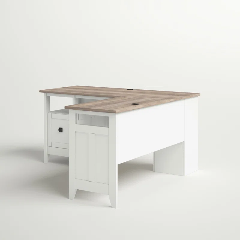 Aesthetic craft L-shaped executive desk with white base, wood top, drawers and shelves for home office use. Aesthetic craft L-shaped executive desk with white base, wood top, drawers and shelves for home office use.
