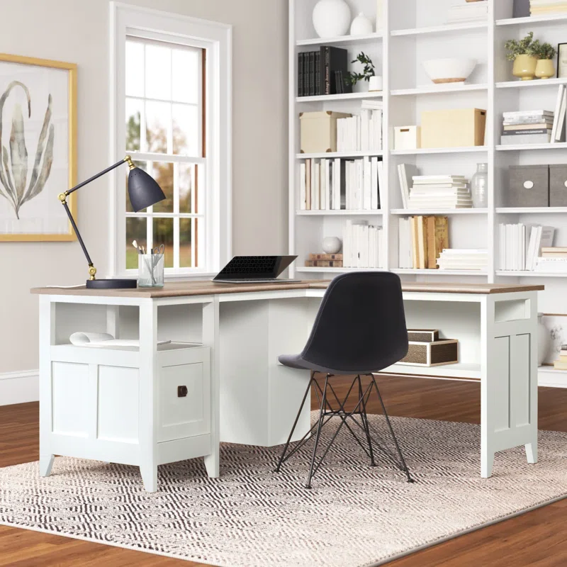 Aesthetic craft L-shaped executive desk with white base, wood top, drawers and shelves for home office use. Aesthetic craft L-shaped executive desk with white base, wood top, drawers and shelves for home office use.