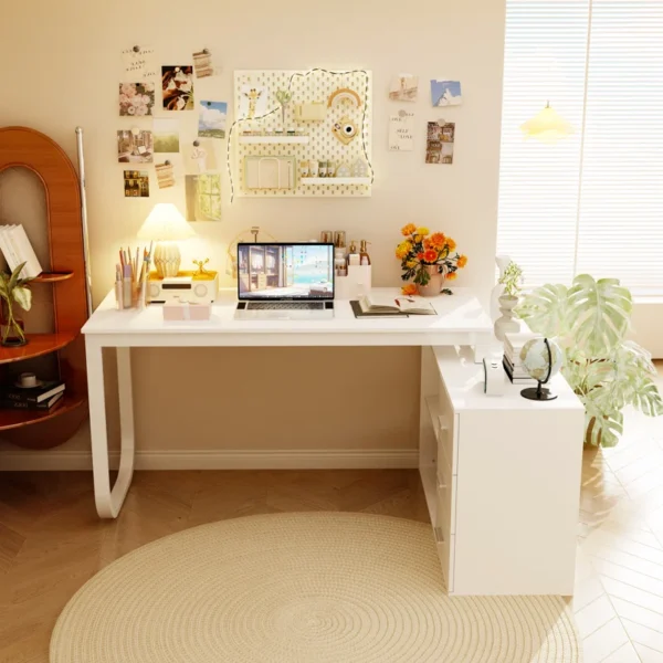 Aesthetic craft Multi-functional desk with drawers and shelves, adjustable to L-shape or straight, shown in dark finish.