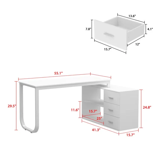 Aesthetic craft Multi-functional desk with drawers and shelves, adjustable to L-shape or straight, shown in dark finish.