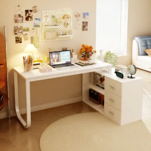 Aesthetic craft Multi-functional desk with drawers and shelves, adjustable to L-shape or straight, shown in dark finish.