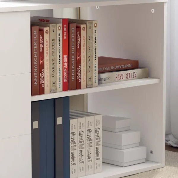 Aesthetic craft Multi-functional desk with drawers and shelves, adjustable to L-shape or straight, shown in dark finish.