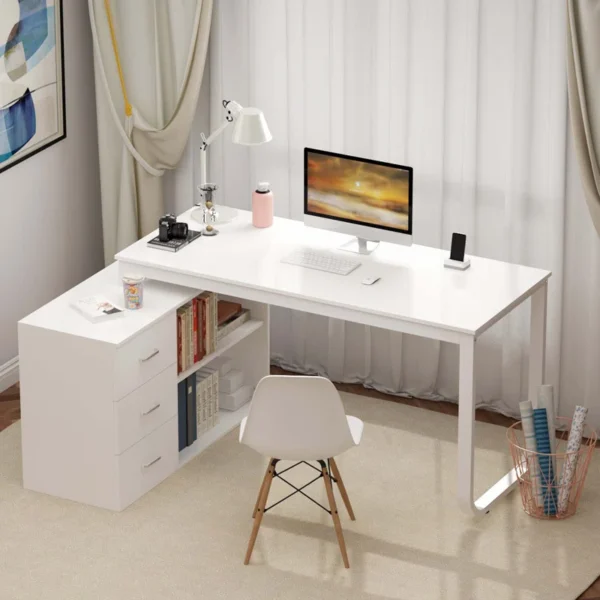 Aesthetic craft Multi-functional desk with drawers and shelves, adjustable to L-shape or straight, shown in dark finish.