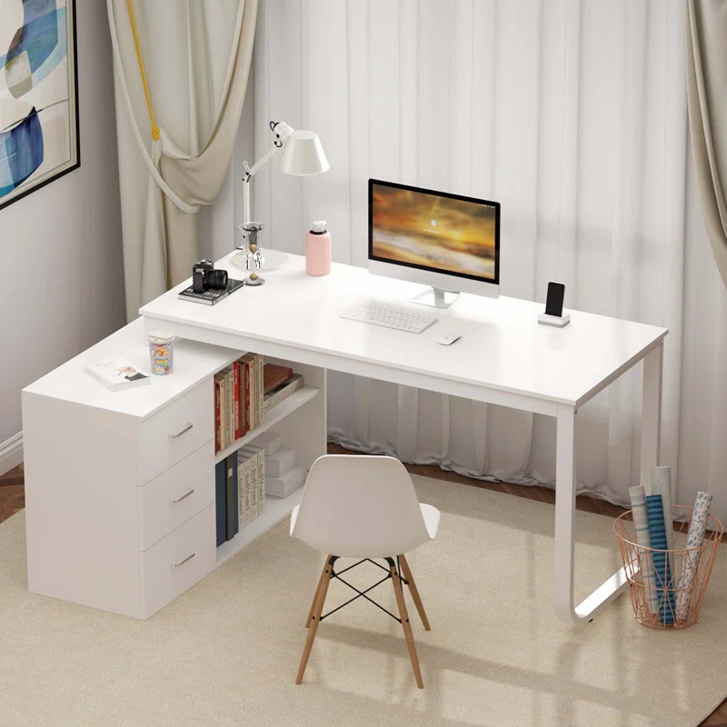 Aesthetic craft Multi-functional desk with drawers and shelves, adjustable to L-shape or straight, shown in dark finish. Aesthetic craft Multi-functional desk with drawers and shelves, adjustable to L-shape or straight, shown in dark finish.