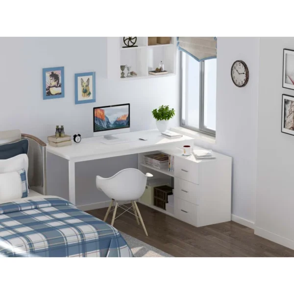 Aesthetic craft Multi-functional desk with drawers and shelves, adjustable to L-shape or straight, shown in dark finish.